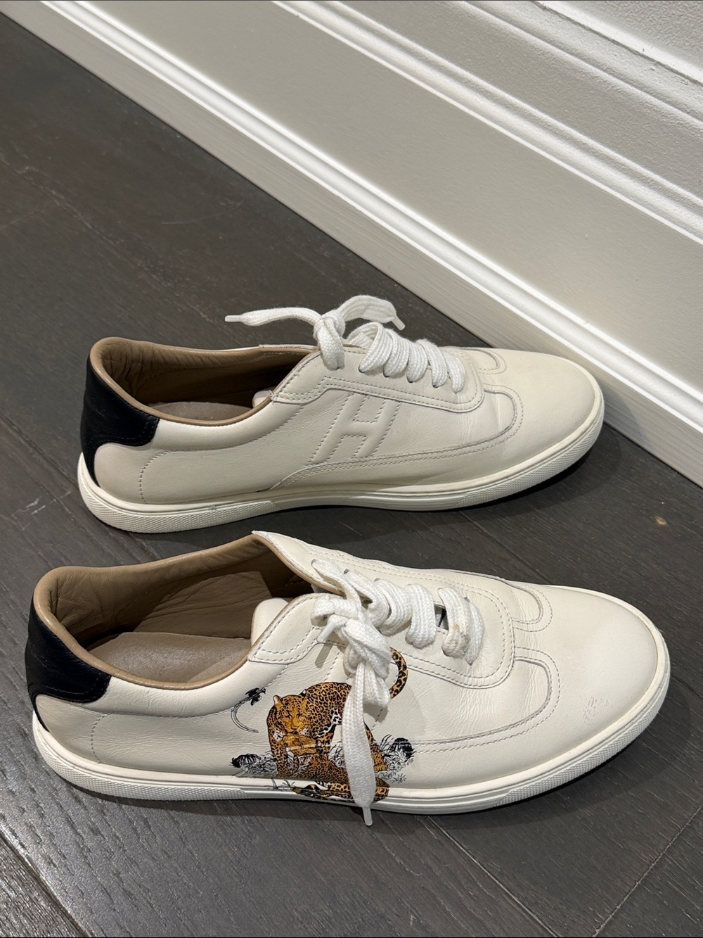 Hermes White Leather Sneakers with Leopard Motif and Black Heel - Picture 3 of 9